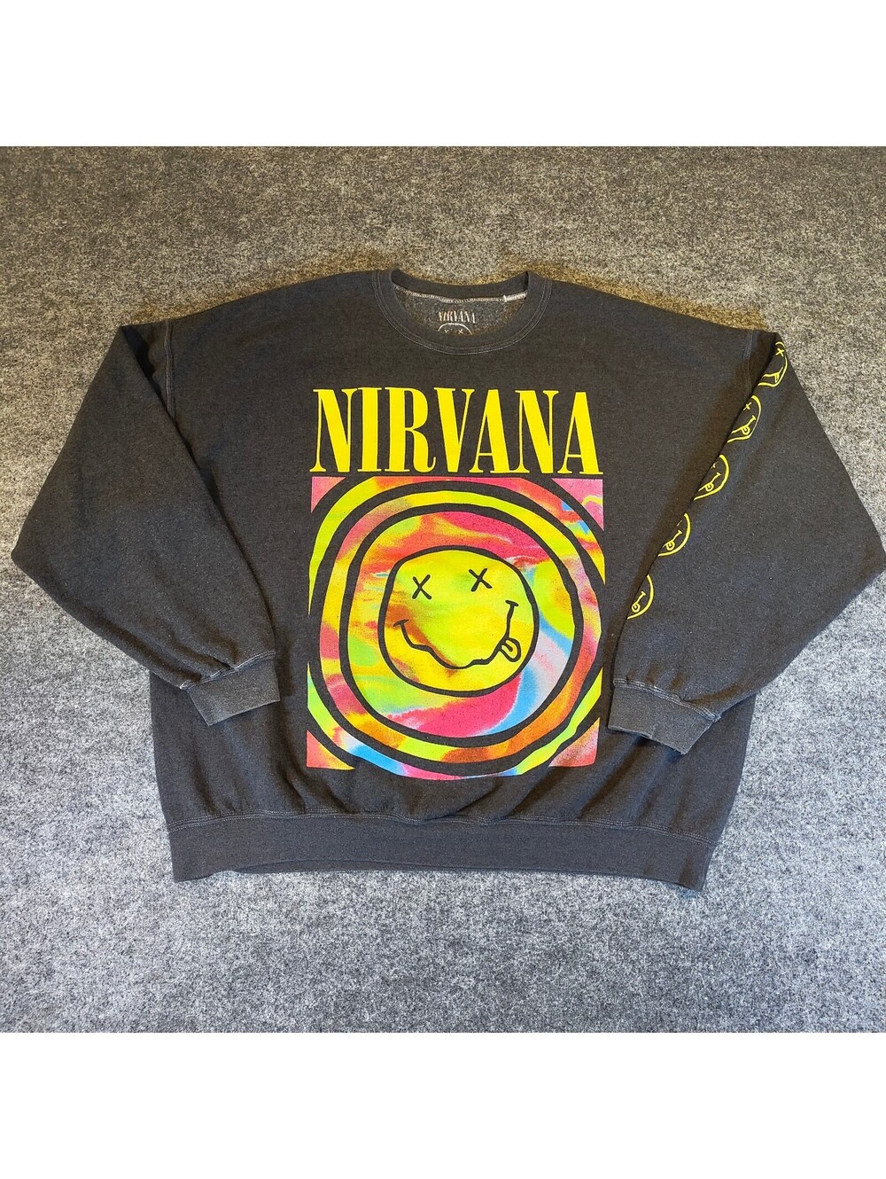 Nirvana Band Sweatshirt Mens Size S/M Dark Gray Tie Dye Smiley Face Sleeve Print